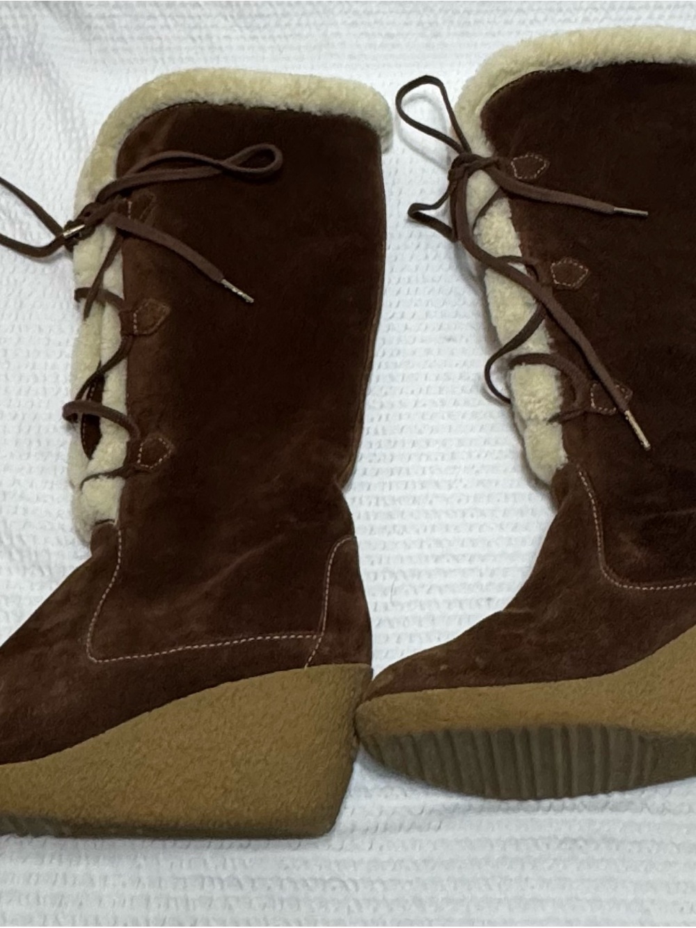 Women’s Brown Suede Wedge Winter Boots with Shearling Trim